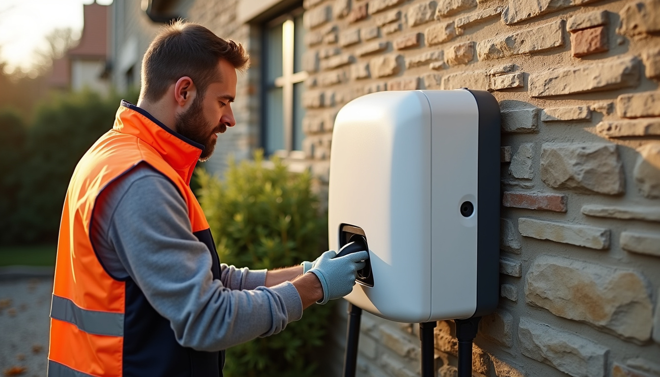 Électricien en train d'installer une borne de recharge sur un mur extérieur à Férel