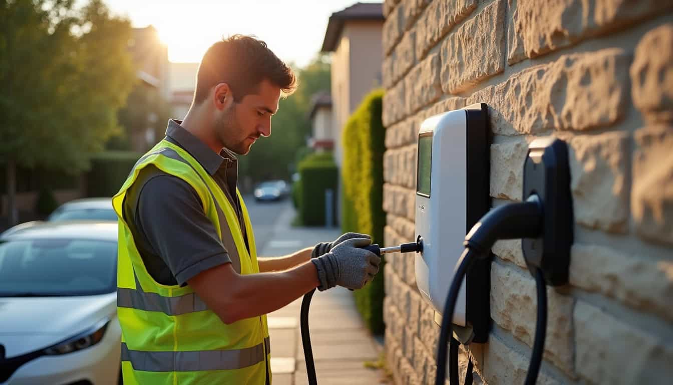 Électricien en train d’installer une borne de recharge sur un mur extérieur à Les Adrets, tournevis à la main, dans un quartier résidentiel