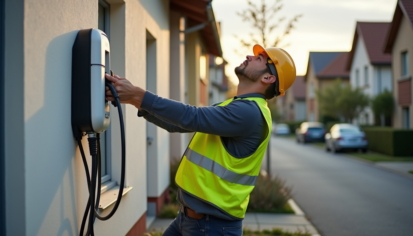 Électricien en train d’installer une borne de recharge sur un mur extérieur à Linselles