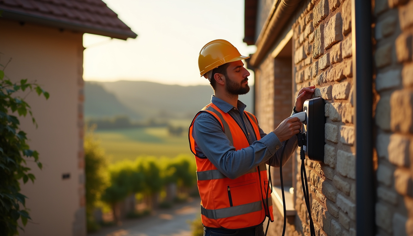 Électricien en train d’installer une borne de recharge sur un mur extérieur à Marlenheim