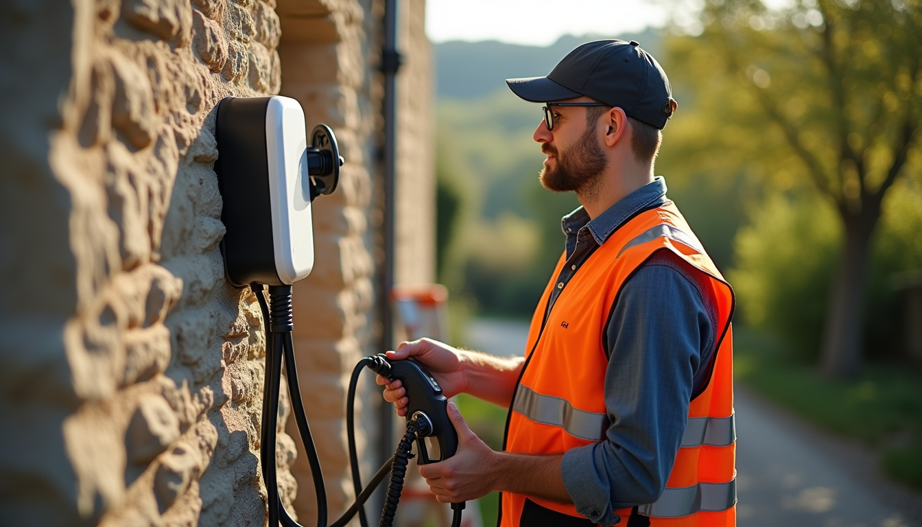 Électricien en train d'installer une borne de recharge sur un mur extérieur à Mouthiers-sur-Boëme