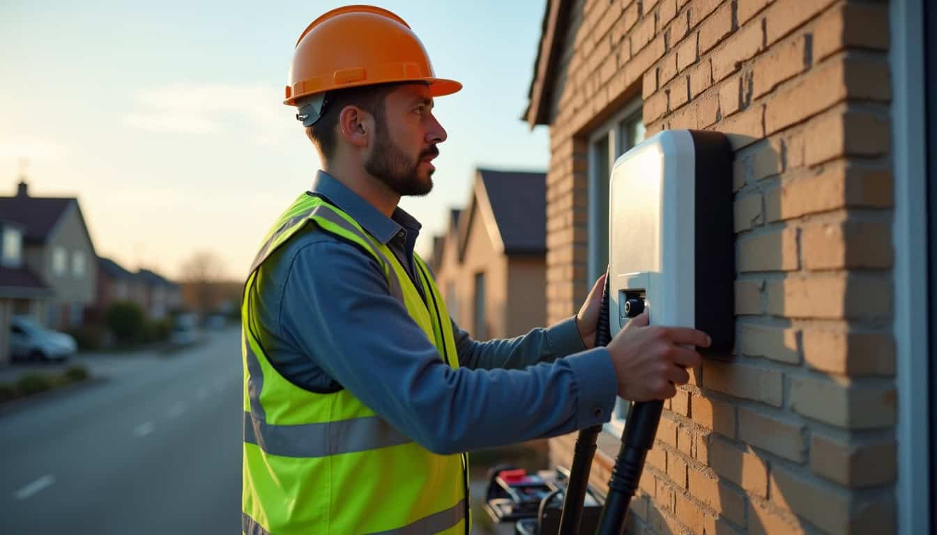 Électricien en train d'installer une borne de recharge sur un mur extérieur à Persan
