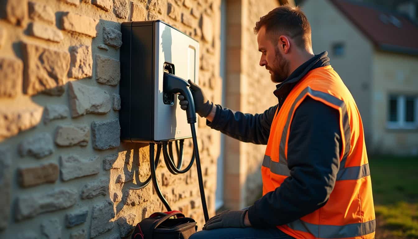 Électricien en train d'installer une borne de recharge sur un mur extérieur à Pierre-Buffière