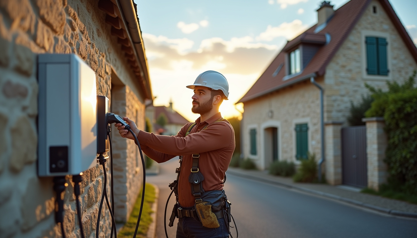 Électricien en train d'installer une borne de recharge sur un mur extérieur d'une maison à Manéglise