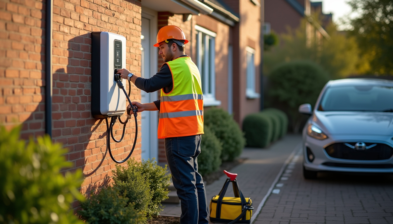 Électricien en train d'installer une borne de recharge sur un mur extérieur d'une maison à Niherne