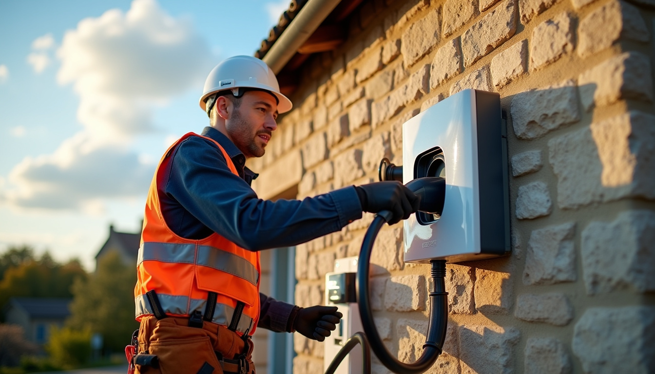 Électricien en train d'installer une borne de recharge sur un mur extérieur d'une maison à Saint-Lizier