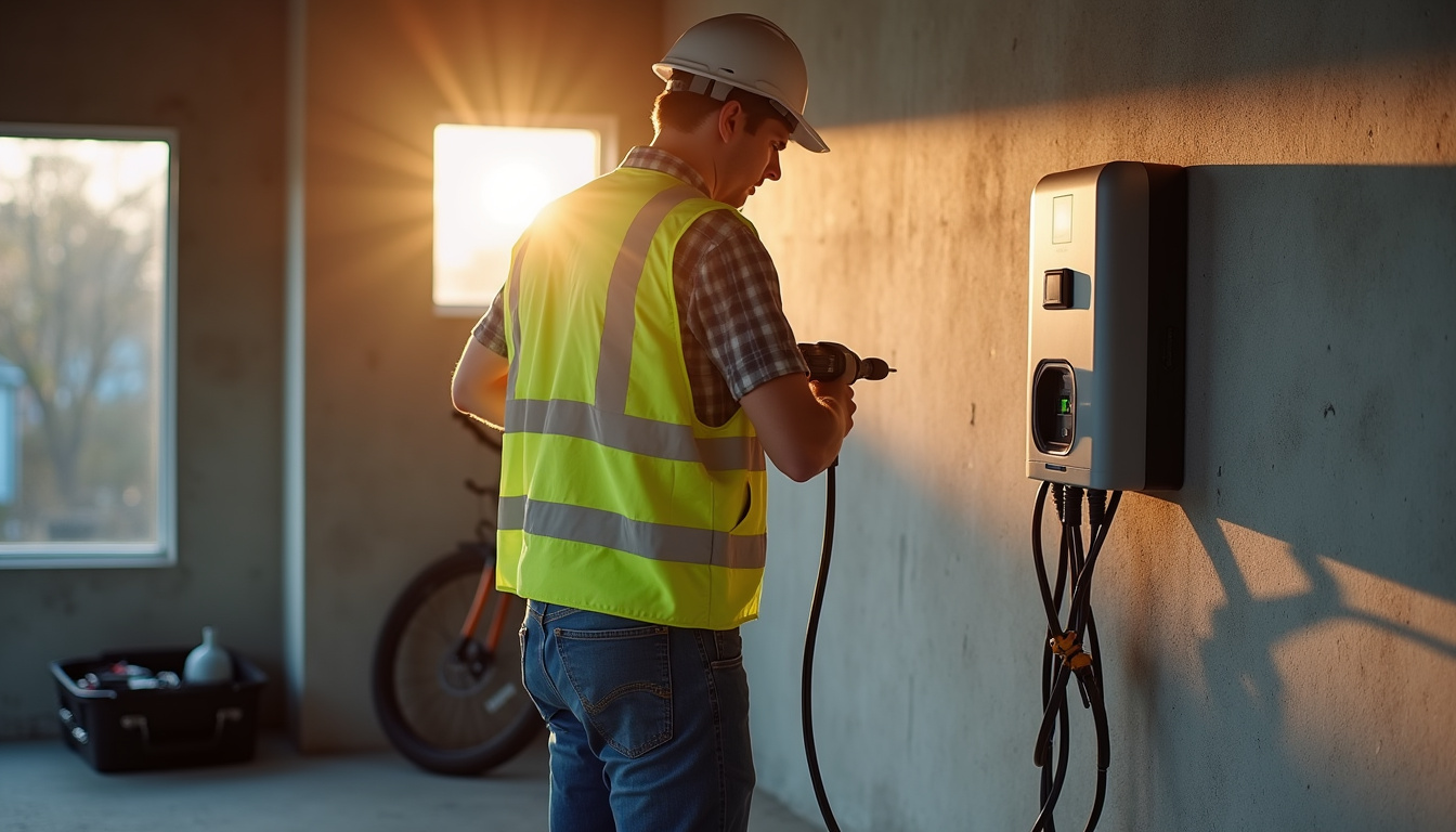 Électricien en train d'installer une borne de recharge sur un mur