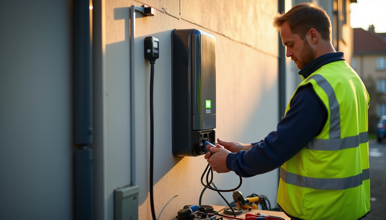 Électricien en train d'installer une borne de recharge Type 2 sur un mur extérieur près d'une place de stationnement