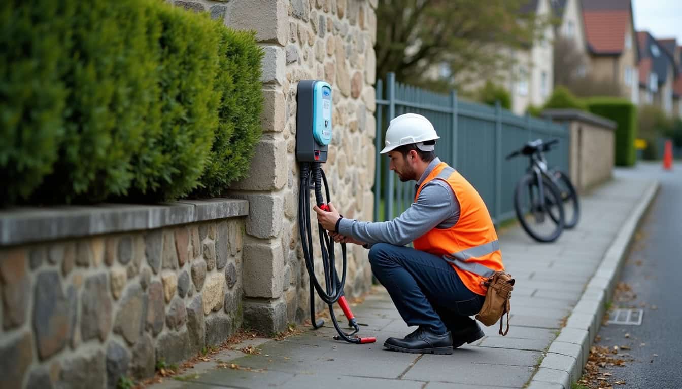 Électricien en train d'installer une borne électrique à Ranville avec matériel de sécurité