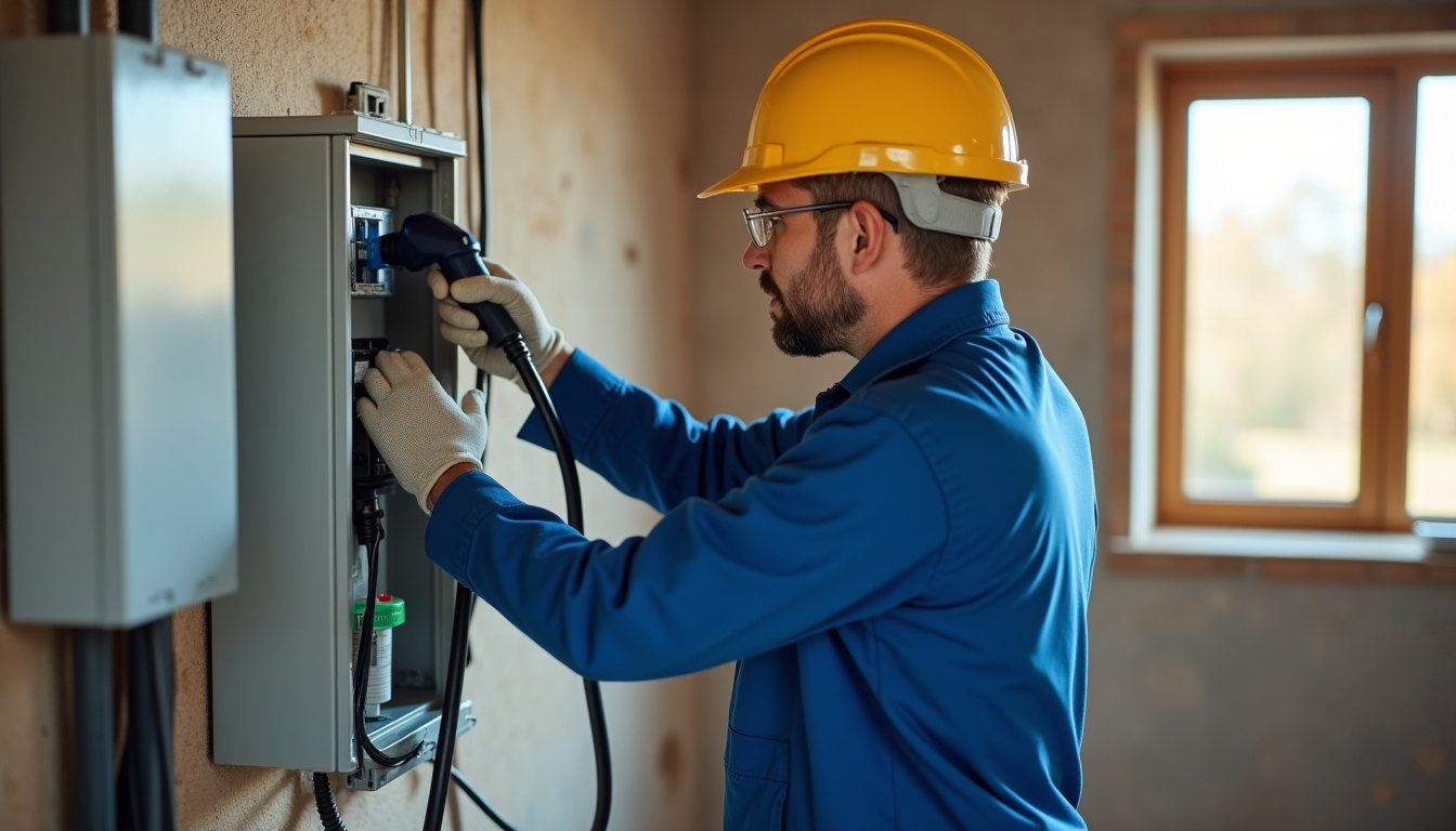 Électricien en train d'installer une borne électrique près du tableau électrique d'une maison