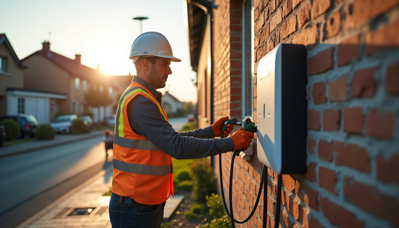 Électricien en train d'installer une borne IRVE à Esquay-Notre-Dame