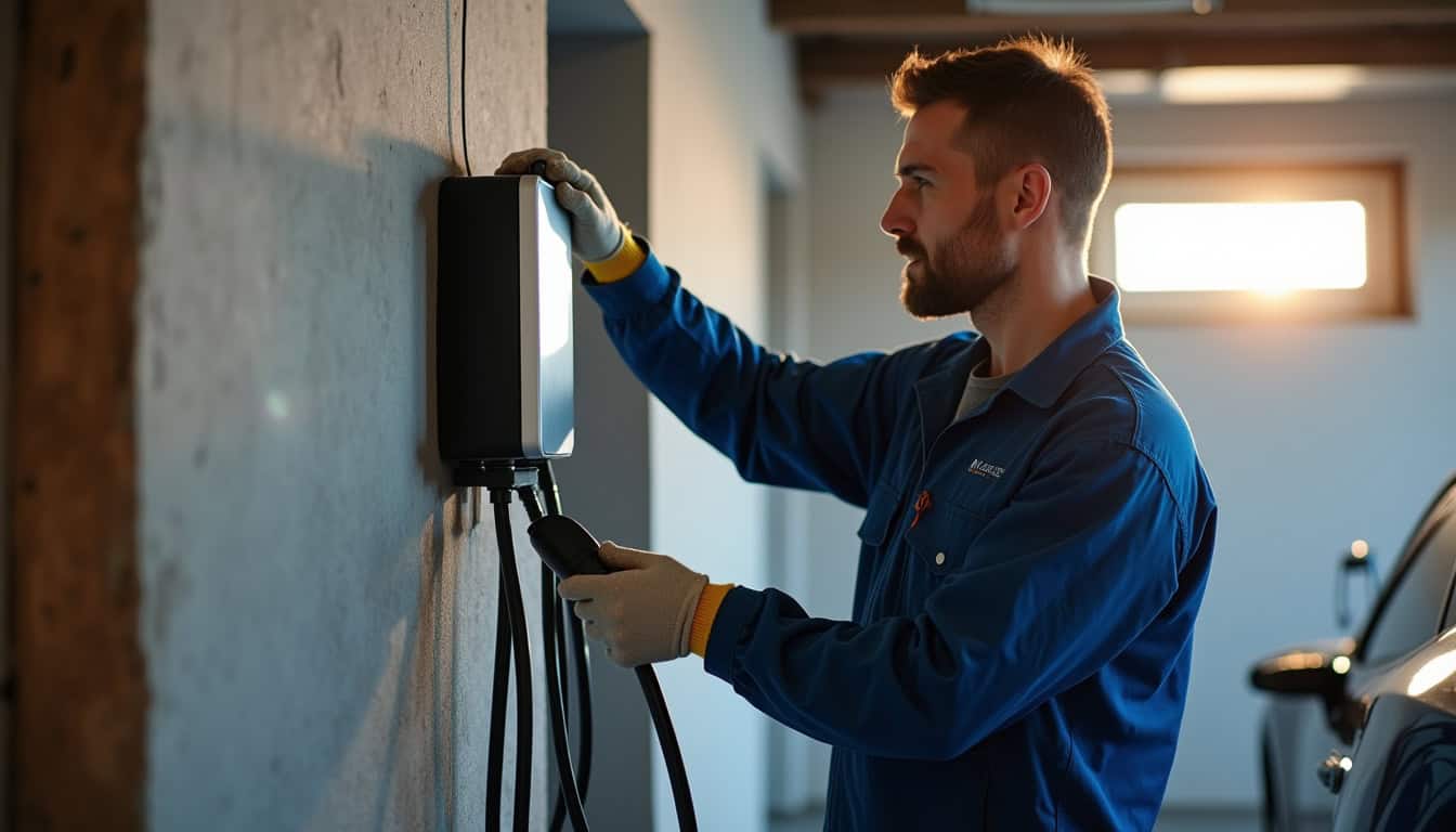 Électricien en train d'installer une borne murale dans un garage à Carlepont