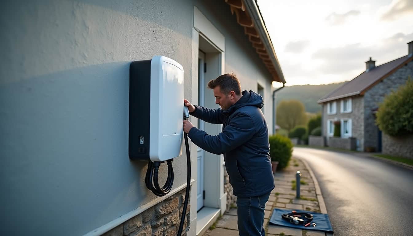 Électricien en train d’installer une wallbox sur le mur extérieur d’une maison à Barbâtre