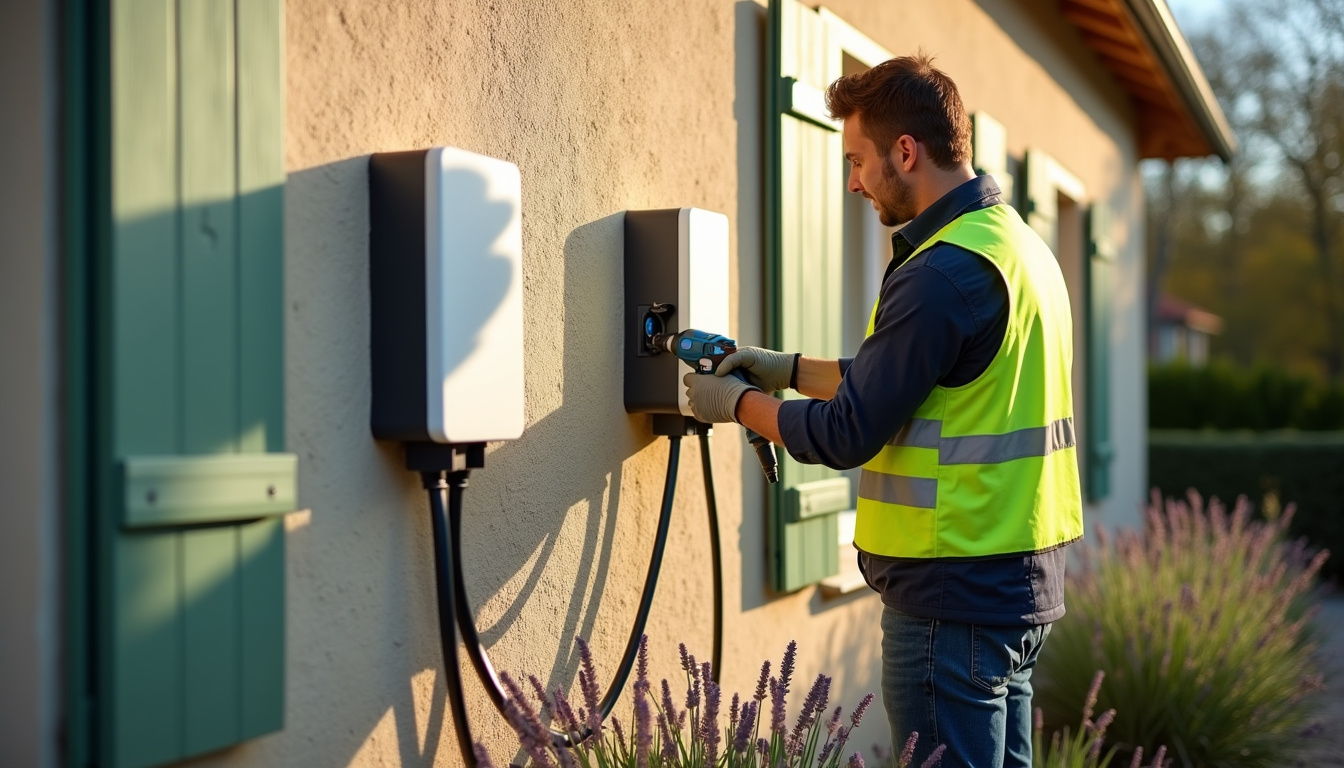 Électricien en train d’installer une wallbox sur le mur extérieur d’une maison à Saint-Médard-de-Guizières