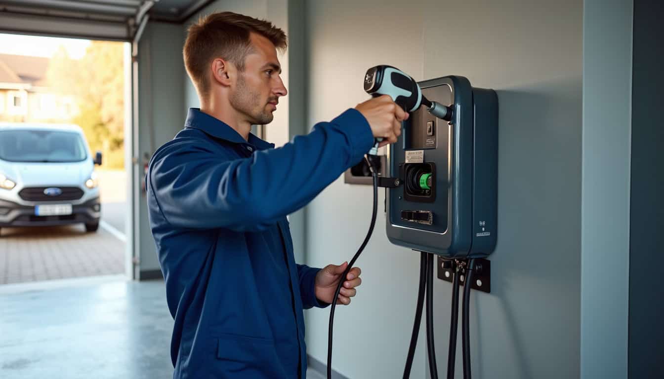 Électricien en train d'intervenir sur l'installation d'une borne de recharge