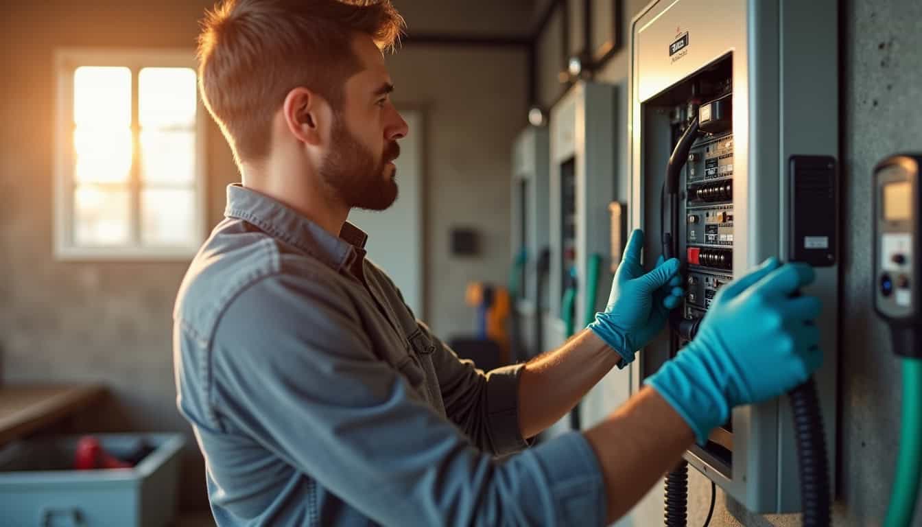 Électricien examinant un tableau électrique avant installation d'une borne à Cugand