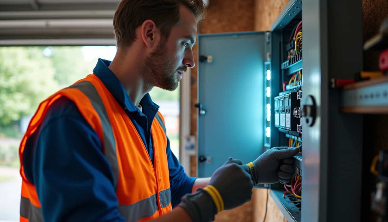 Électricien inspectant un tableau électrique avant installation d'une borne de recharge