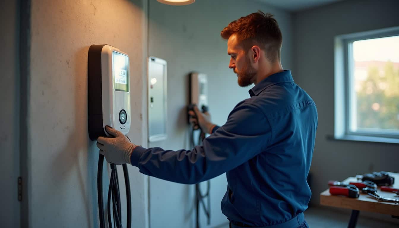 Électricien installant une borne de recharge dans une maison à Carrières-sous-Poissy