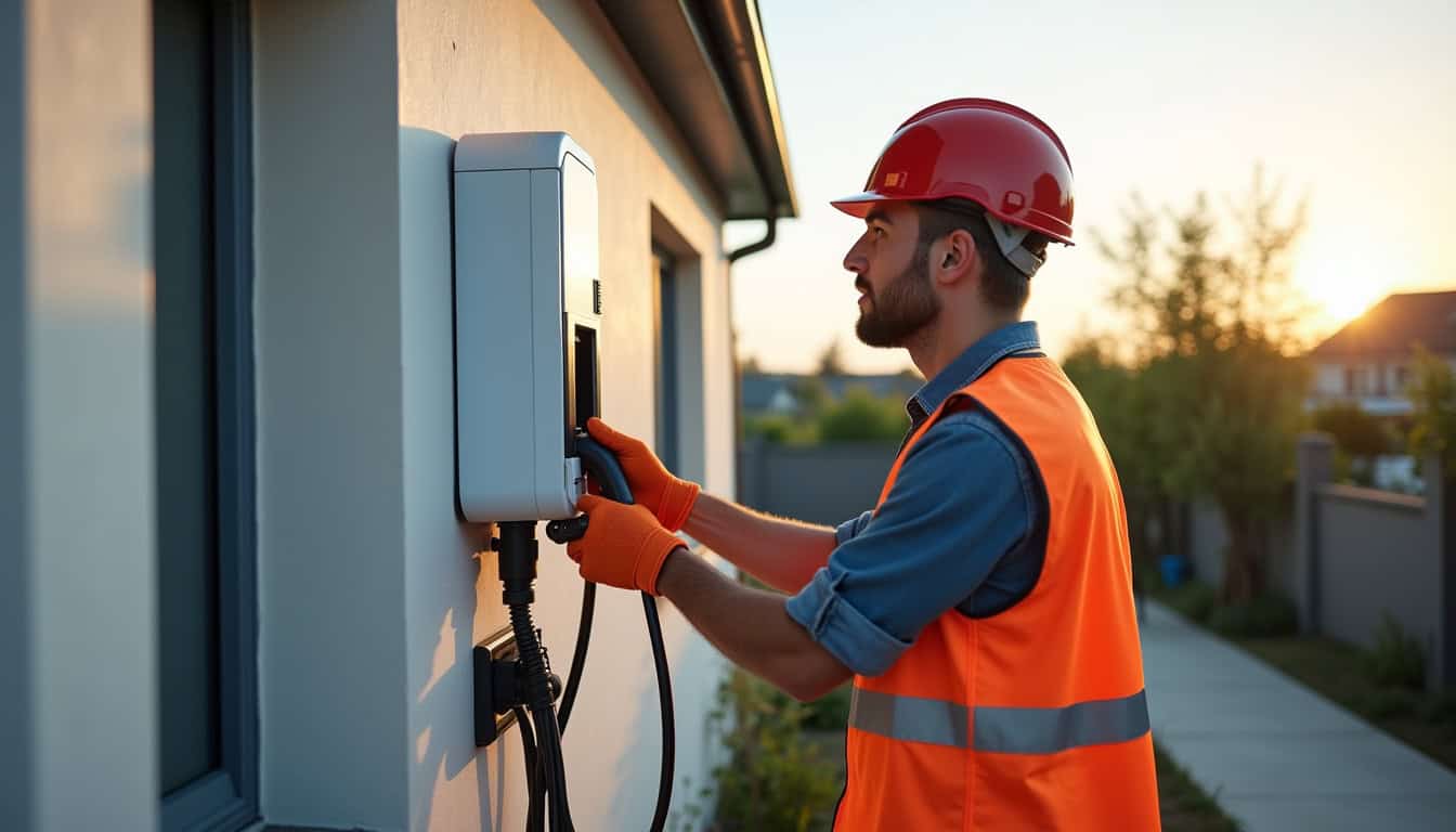 Électricien IRVE certifié en train d'installer une borne de recharge à Cusset