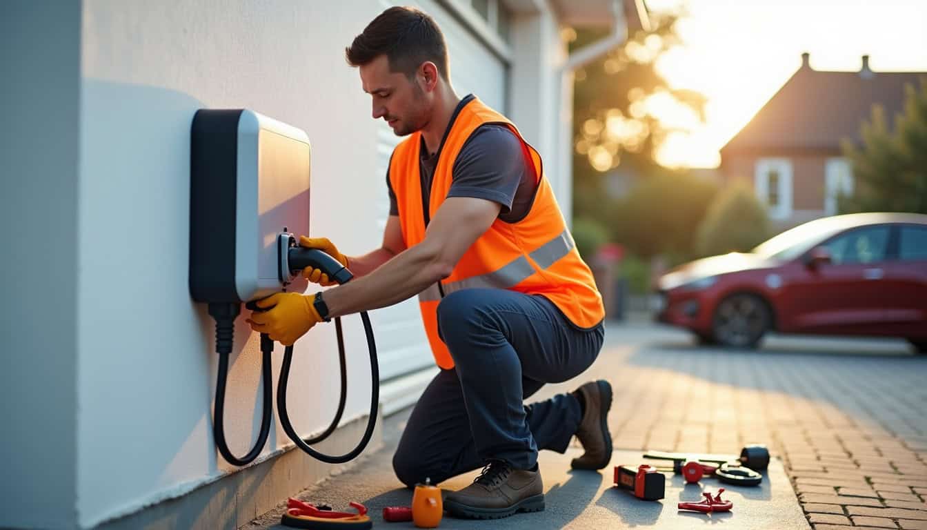 Électricien IRVE en intervention pour l'installation d'une borne de recharge à Chauché