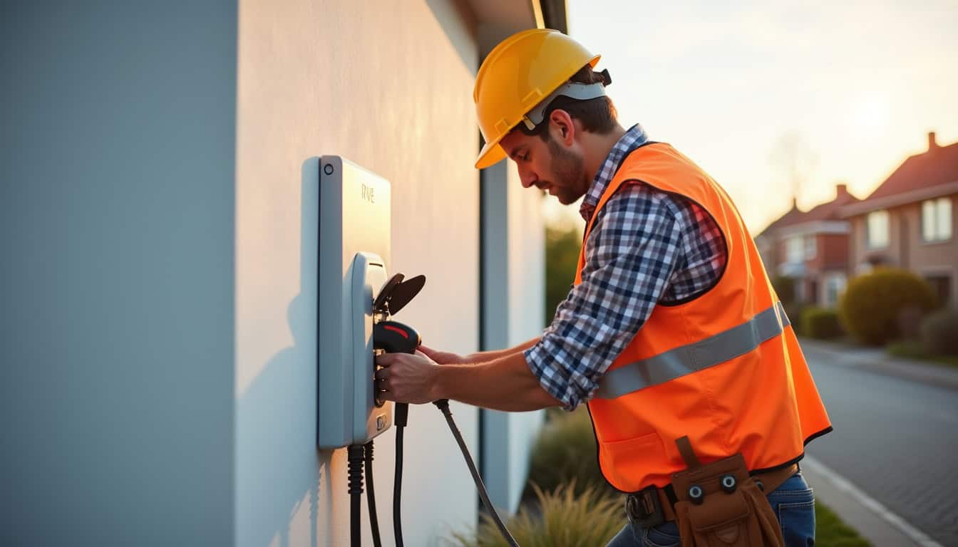 Électricien IRVE en train de poser une borne de recharge à Méré