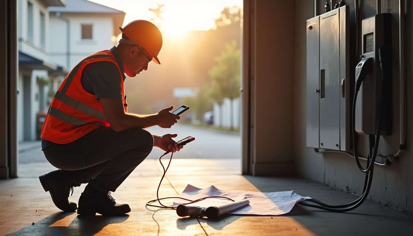 Électricien IRVE en train de réaliser un diagnostic technique pour l'installation d'une borne de recharge