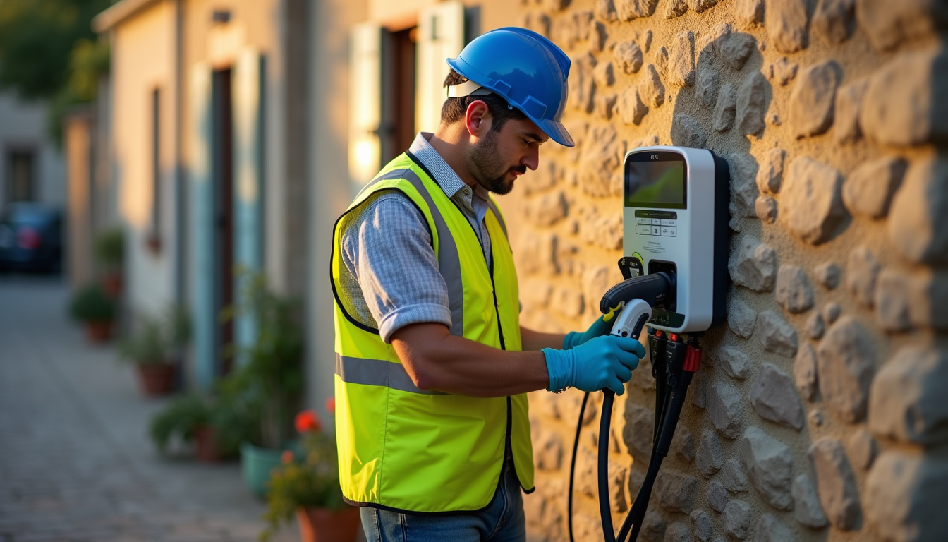 Électricien IRVE en train de tester une borne de recharge à Le Bar-sur-Loup