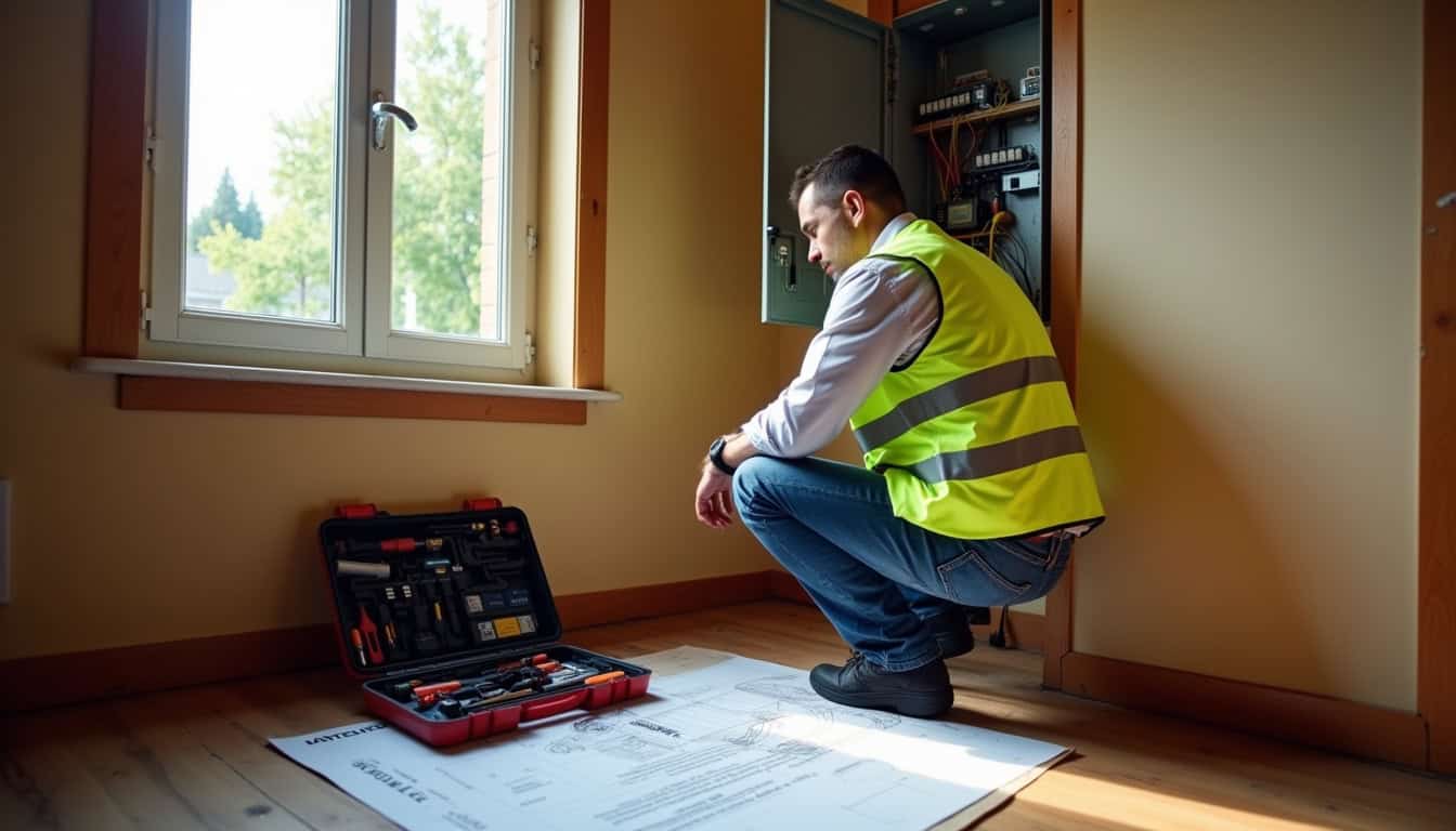 Électricien IRVE en train de vérifier le tableau électrique d'une maison à Sauzet en vue de l'installation d'une borne de recharge