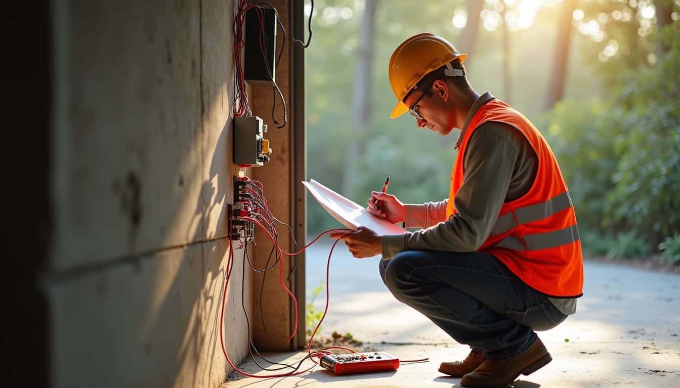 Électricien IRVE en train d'effectuer une étude technique avant l'installation d'une borne de recharge à Linxe