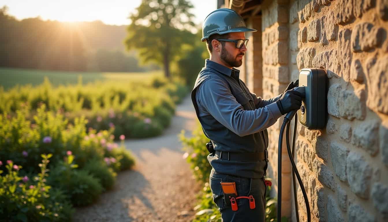 Électricien IRVE en train d'installer une borne de recharge à Bellevigne-en-Layon