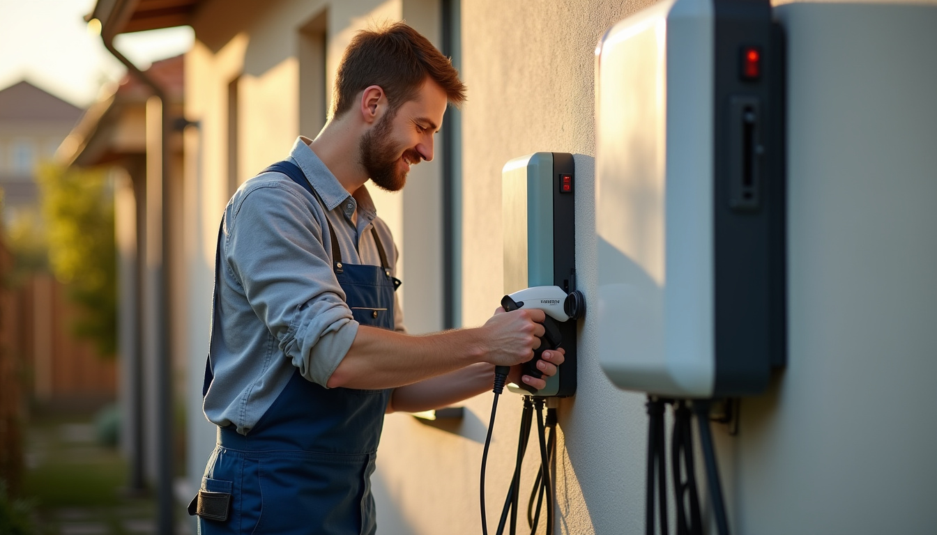 Électricien IRVE en train d'installer une borne de recharge à Combrand
