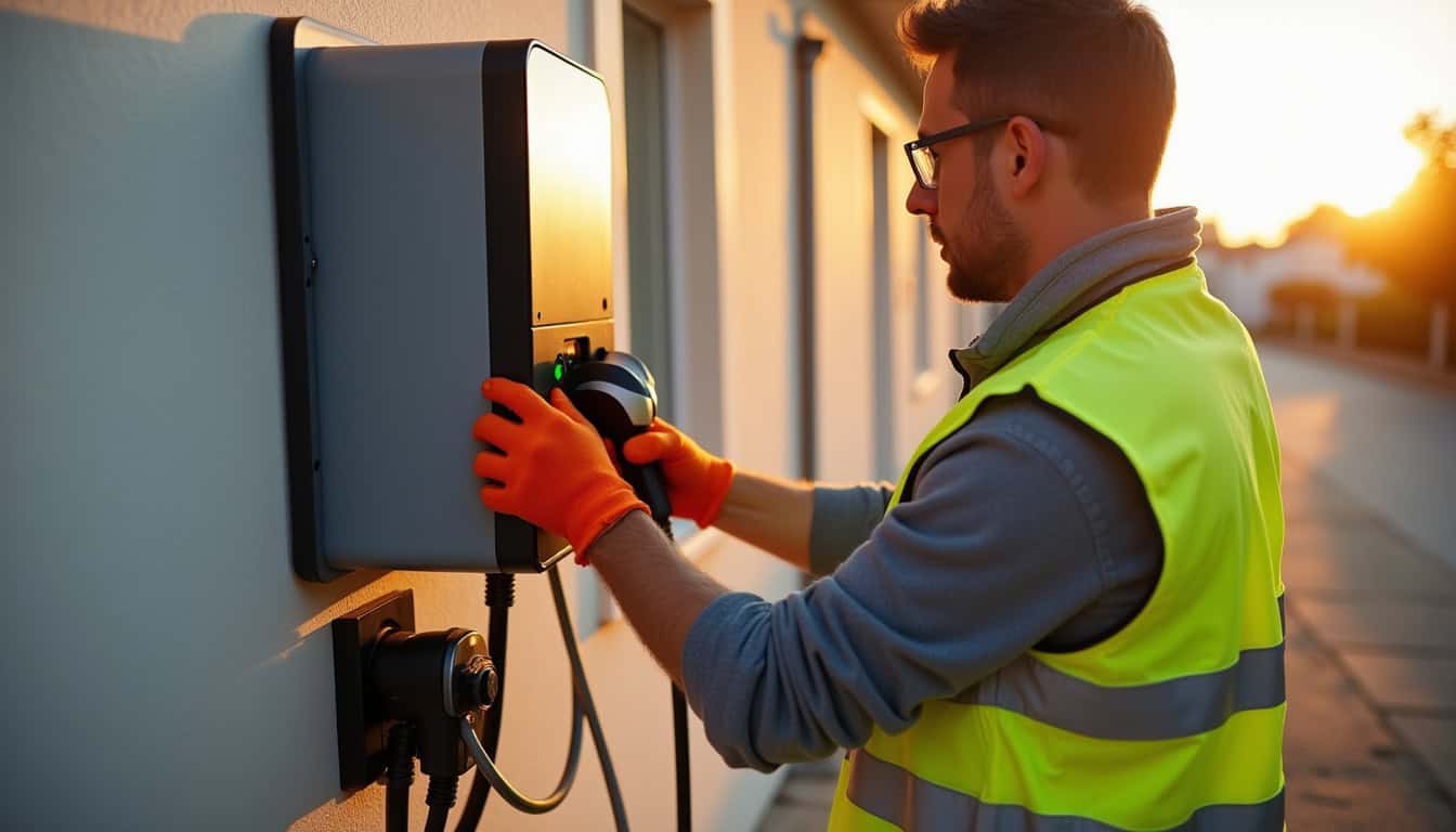 Électricien IRVE en train d'installer une borne de recharge à Coutras