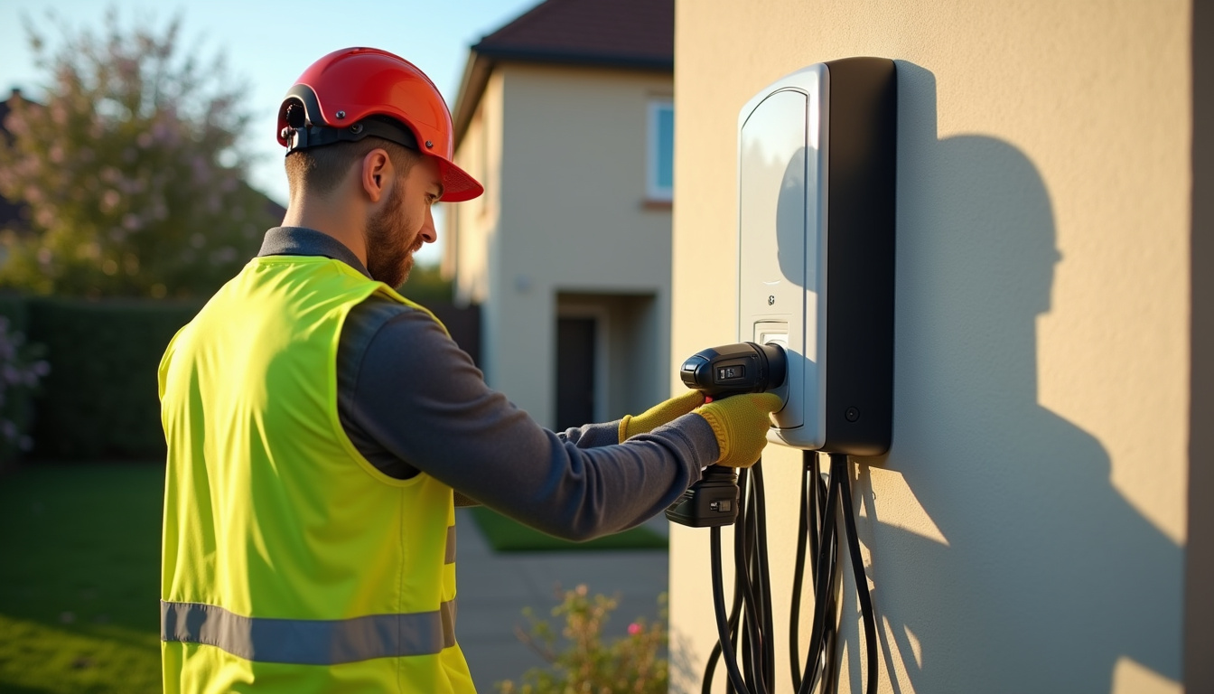 Électricien IRVE en train d'installer une borne de recharge à Dissay