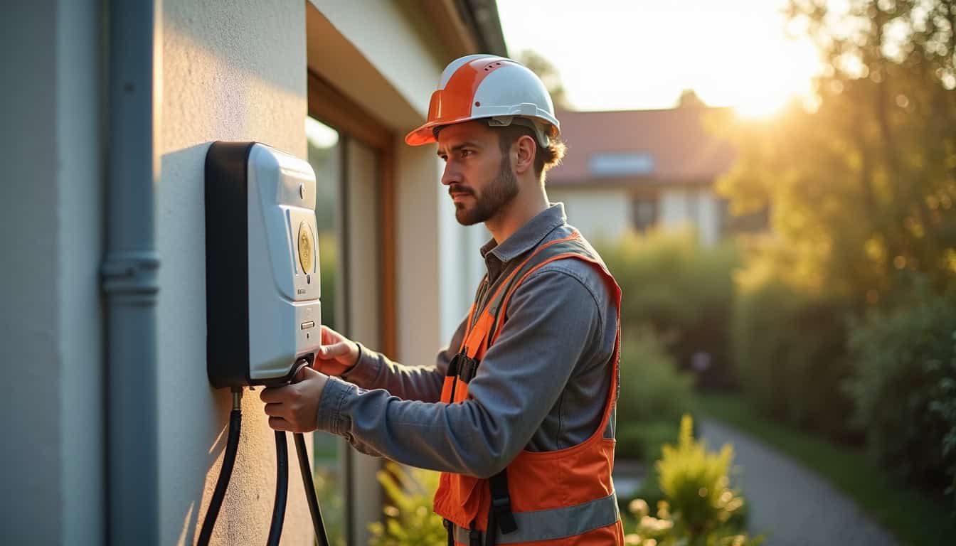 Électricien IRVE en train d'installer une borne de recharge à Feucherolles