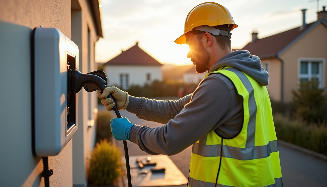 Électricien IRVE en train d'installer une borne de recharge à l'extérieur d'une maison à Bondoufle