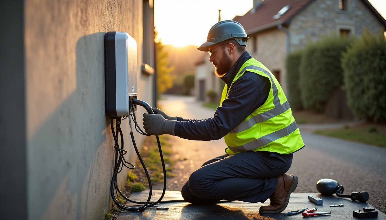 Électricien IRVE en train d'installer une borne de recharge à Montredon-Labessonnié
