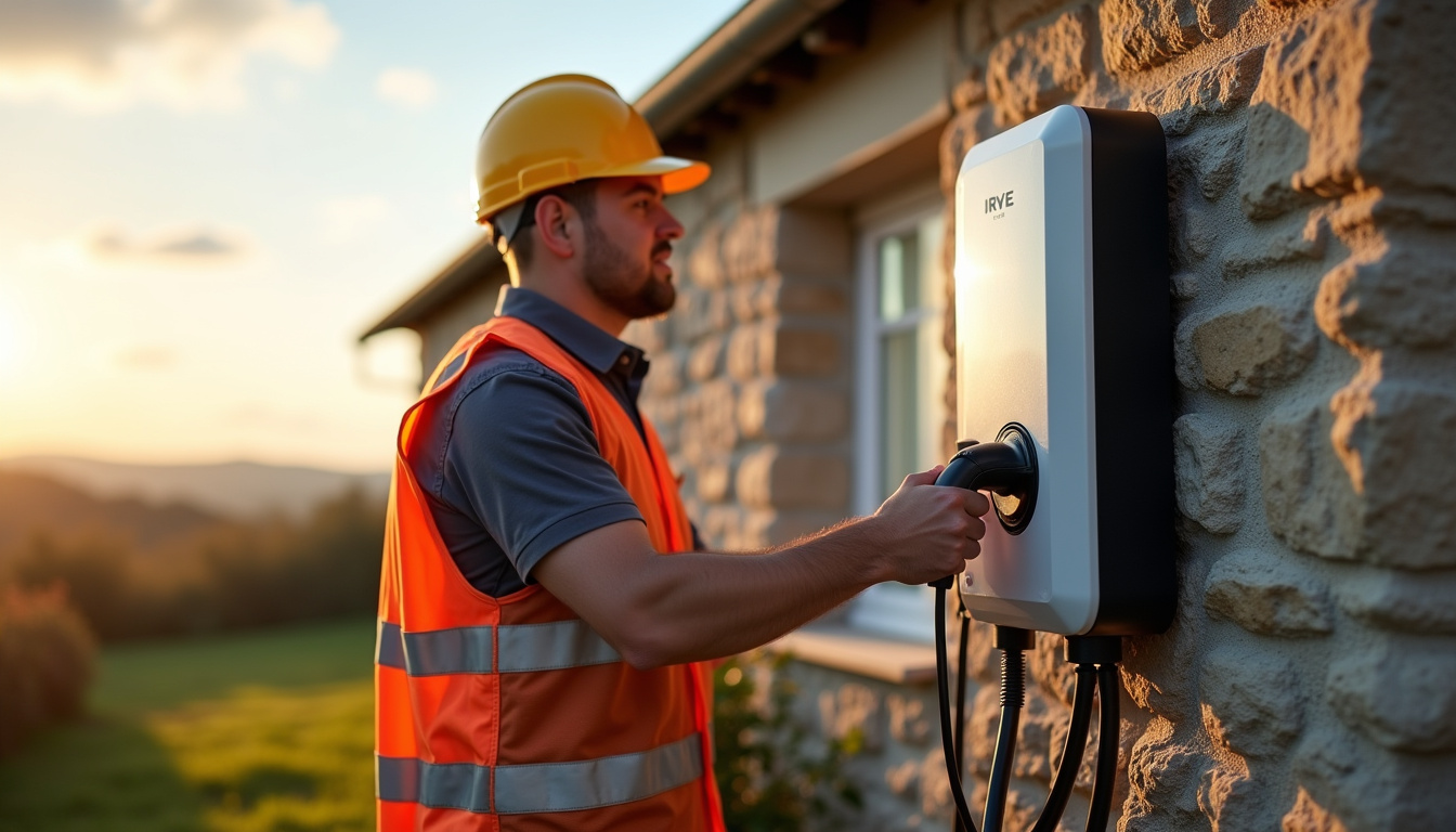 Électricien IRVE en train d'installer une borne de recharge à Nostang dans le Morbihan