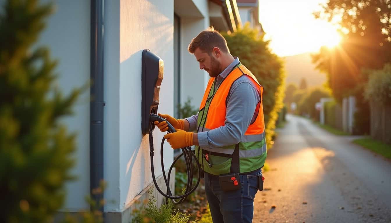 Électricien IRVE en train d'installer une borne de recharge à Saint-Sylvestre-sur-Lot