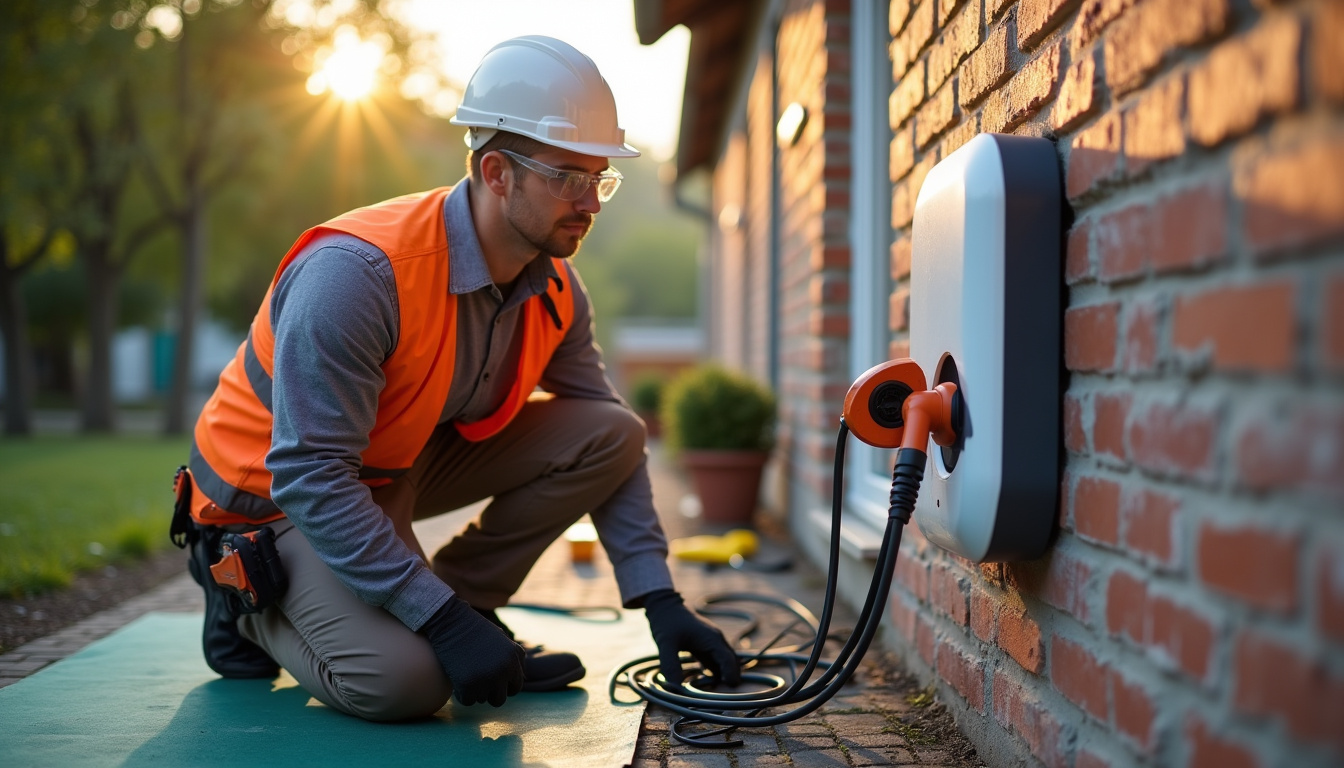 Électricien IRVE en train d'installer une borne de recharge à Sauvagnon