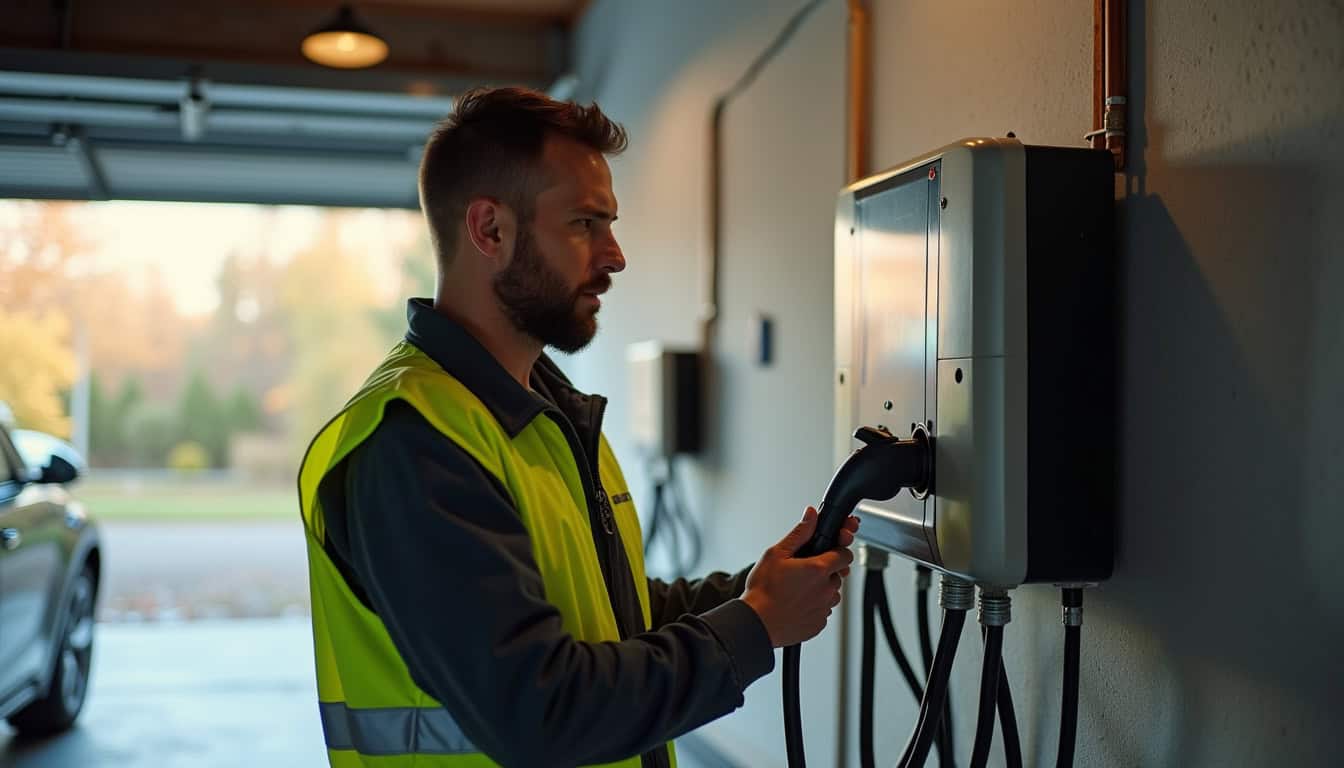 Électricien IRVE en train d’installer une borne de recharge dans un garage à Petit-Réderching