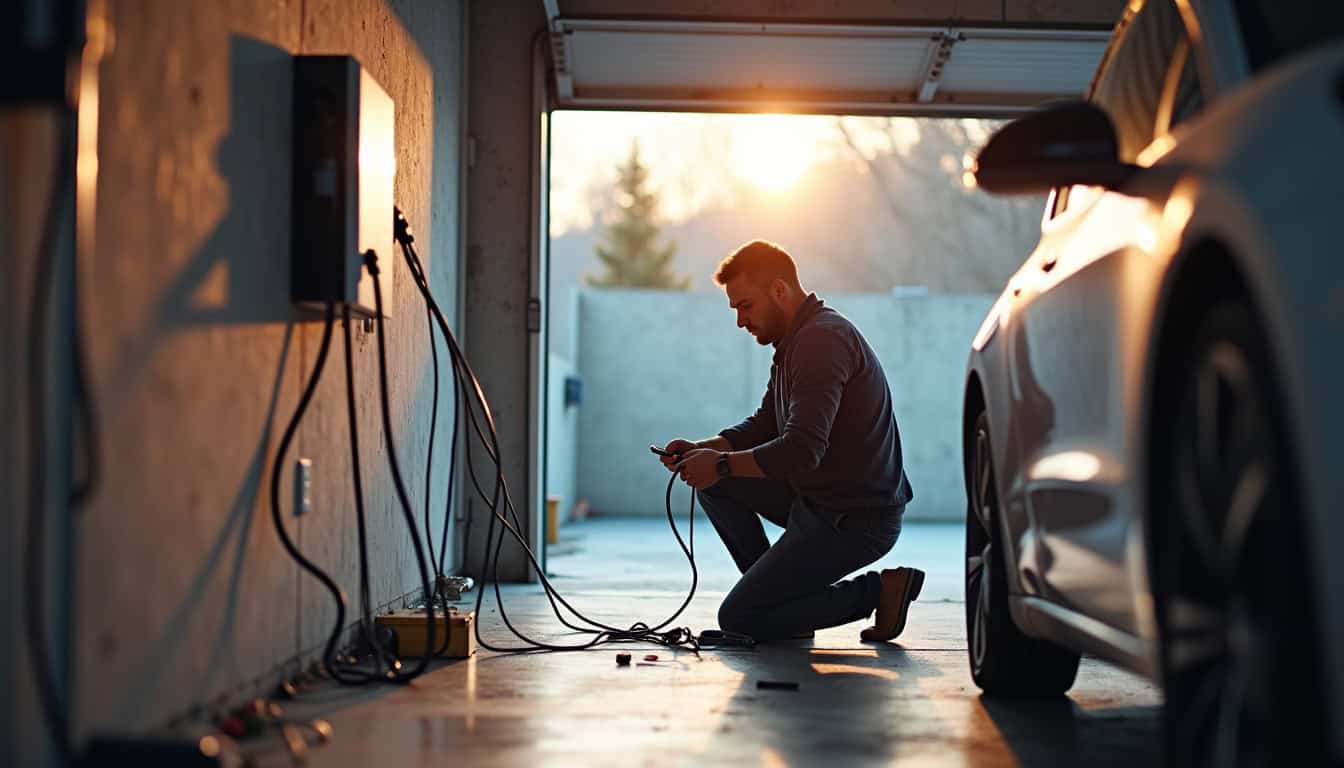 Électricien IRVE en train d'installer une borne de recharge dans un garage à Pleuven
