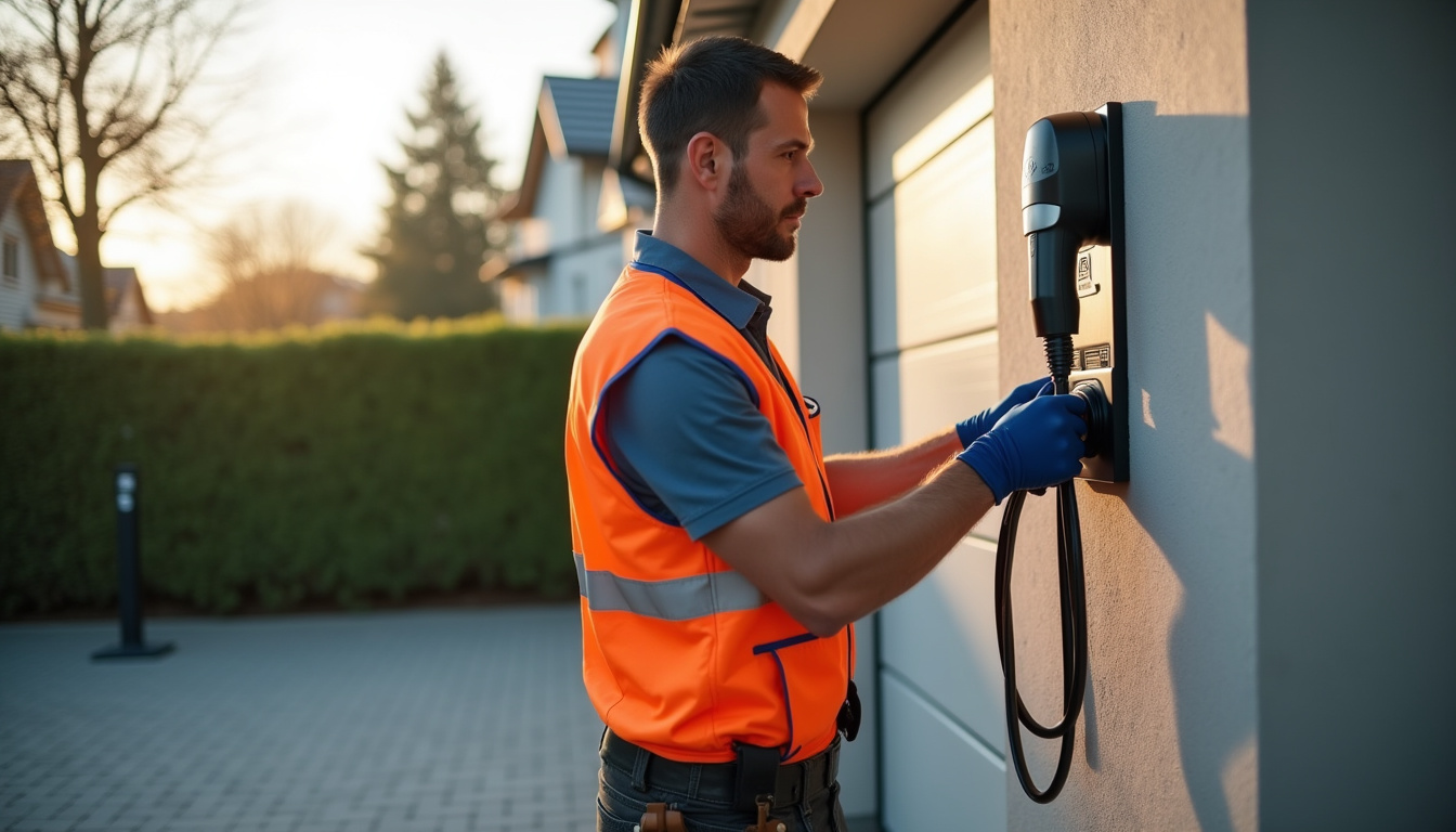 Électricien IRVE en train d'installer une borne de recharge dans une maison à Biesles