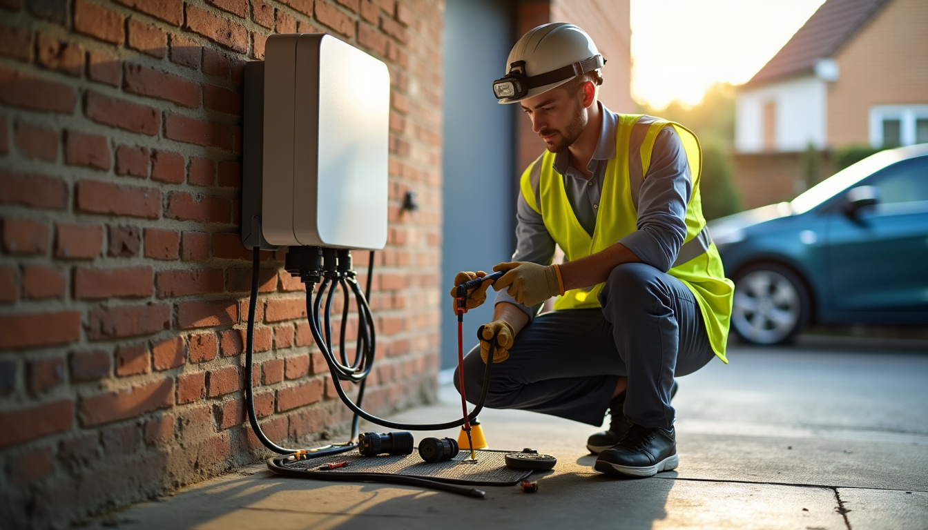 Électricien IRVE en train d’installer une borne de recharge dans une maison à Enquin-lez-Guinegatte