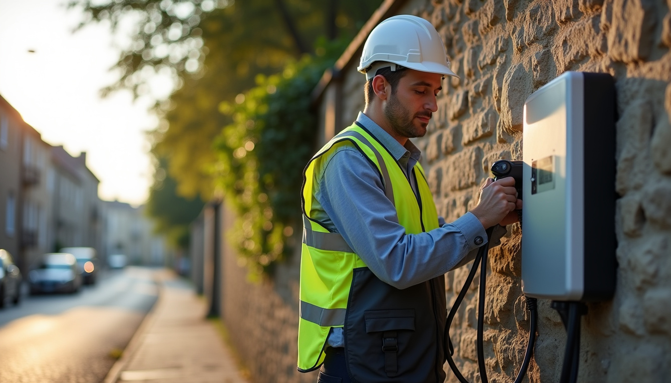Électricien IRVE en train d'installer une borne de recharge dans une rue de Rillieux-la-Pape
