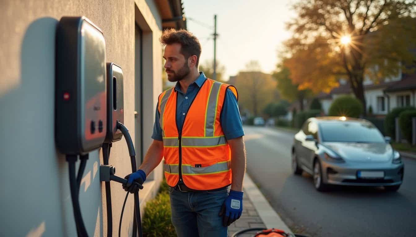 Électricien IRVE en train d’installer une borne de recharge électrique à Saint-Colomban