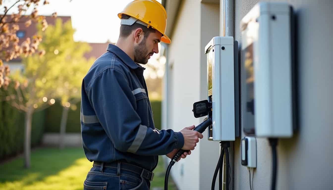Électricien IRVE en train d'installer une borne de recharge électrique sur un mur extérieur