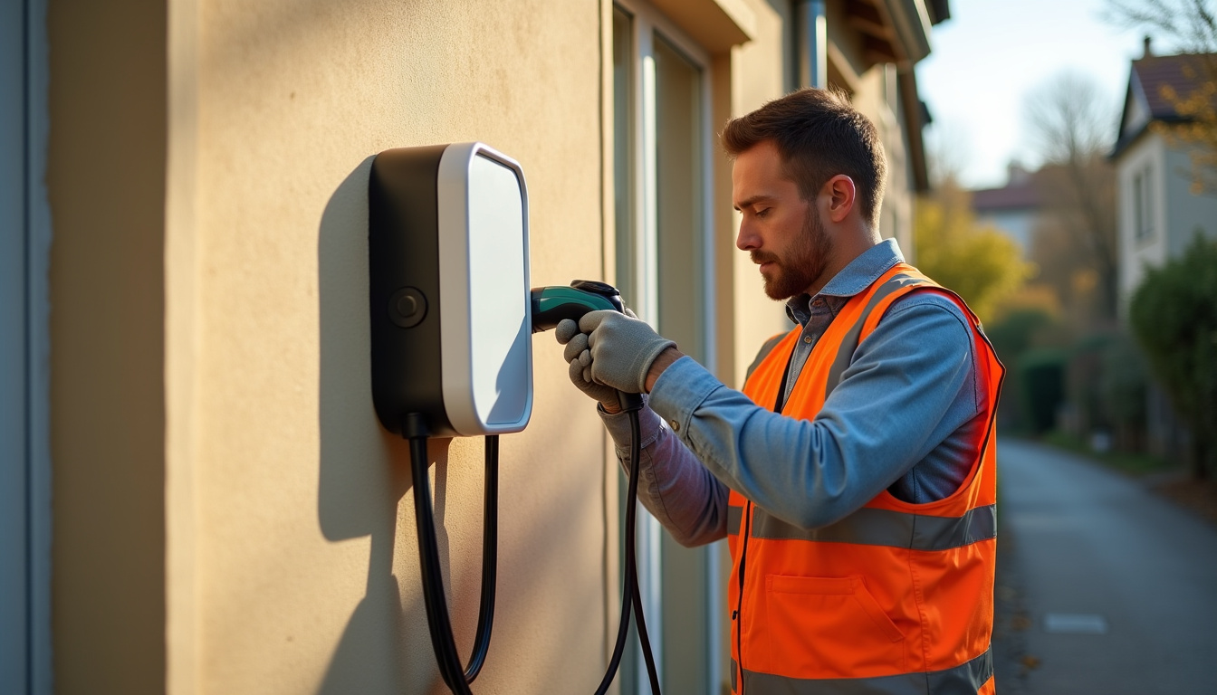 Électricien IRVE en train d'installer une borne de recharge murale à Épervans
