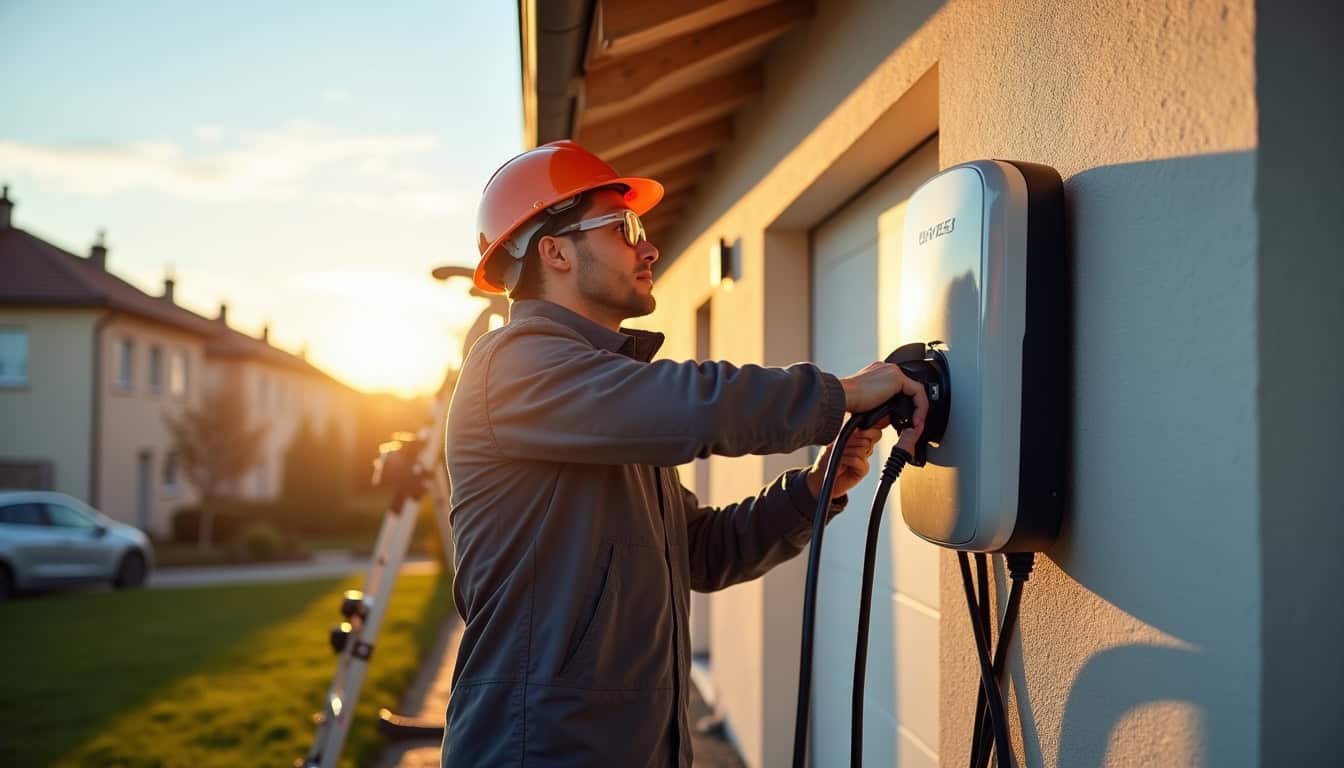 Électricien IRVE en train d'installer une borne de recharge murale