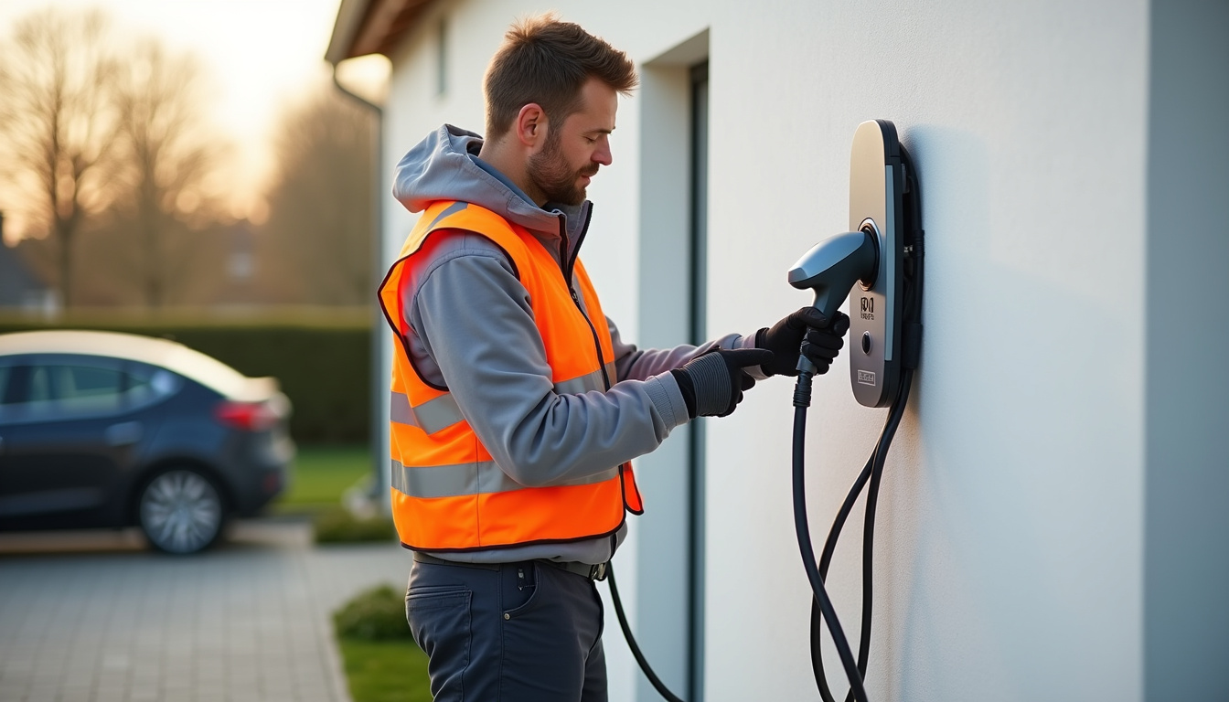 Électricien IRVE en train d'installer une borne de recharge pour voiture électrique à Baziège