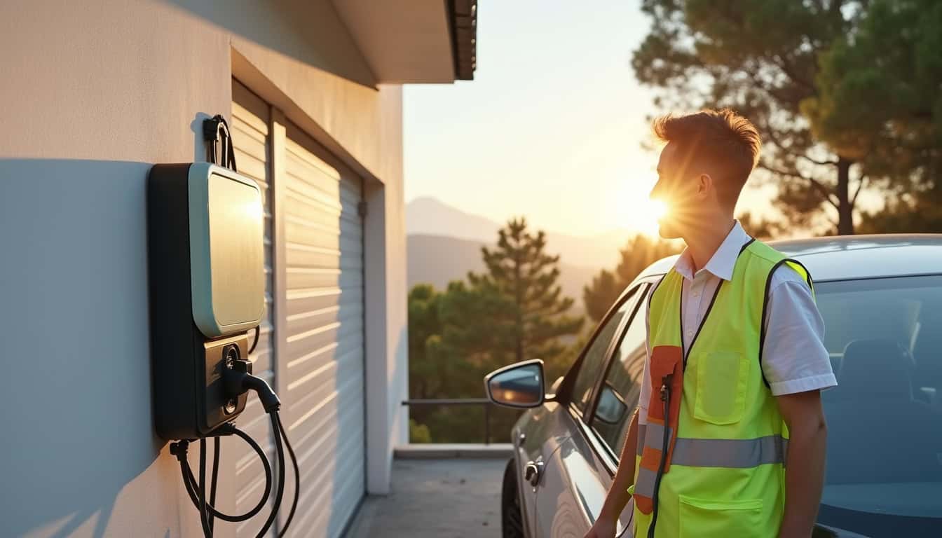 Électricien IRVE en train d'installer une borne de recharge pour voiture électrique à Saint-Jeannet